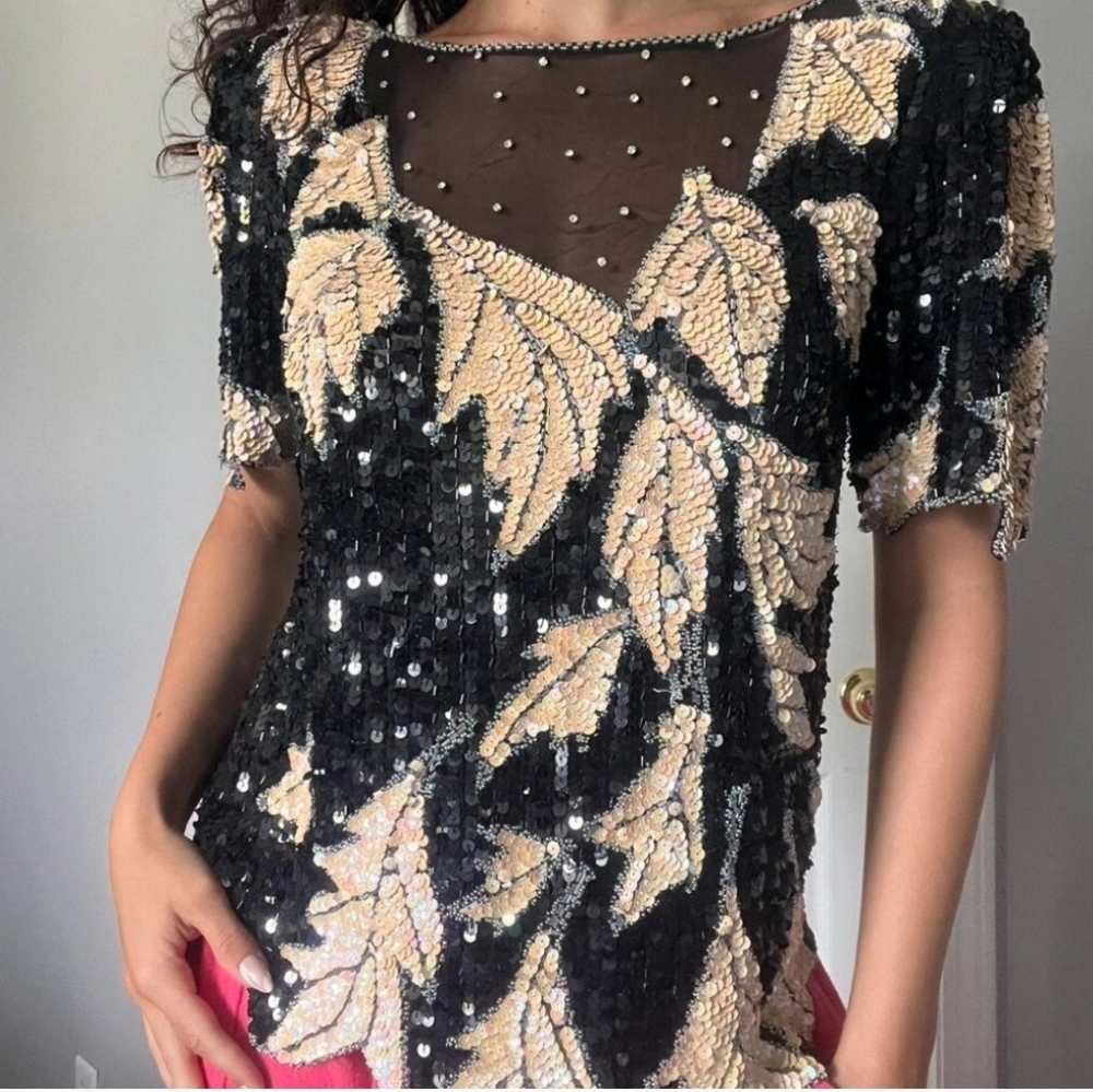 Vintage Lillie Rubin Designer 70's Sequin Black Ivory Beaded‎ Silk Leaf Top Med